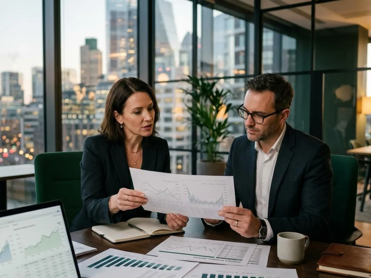 Fintech professionals reviewing financial charts beside a laptop