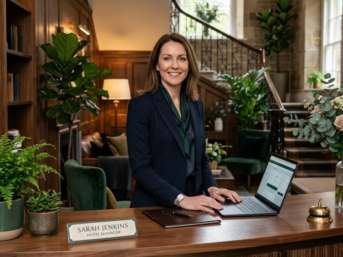 Boutique hotel manager at a reception desk with a laptop