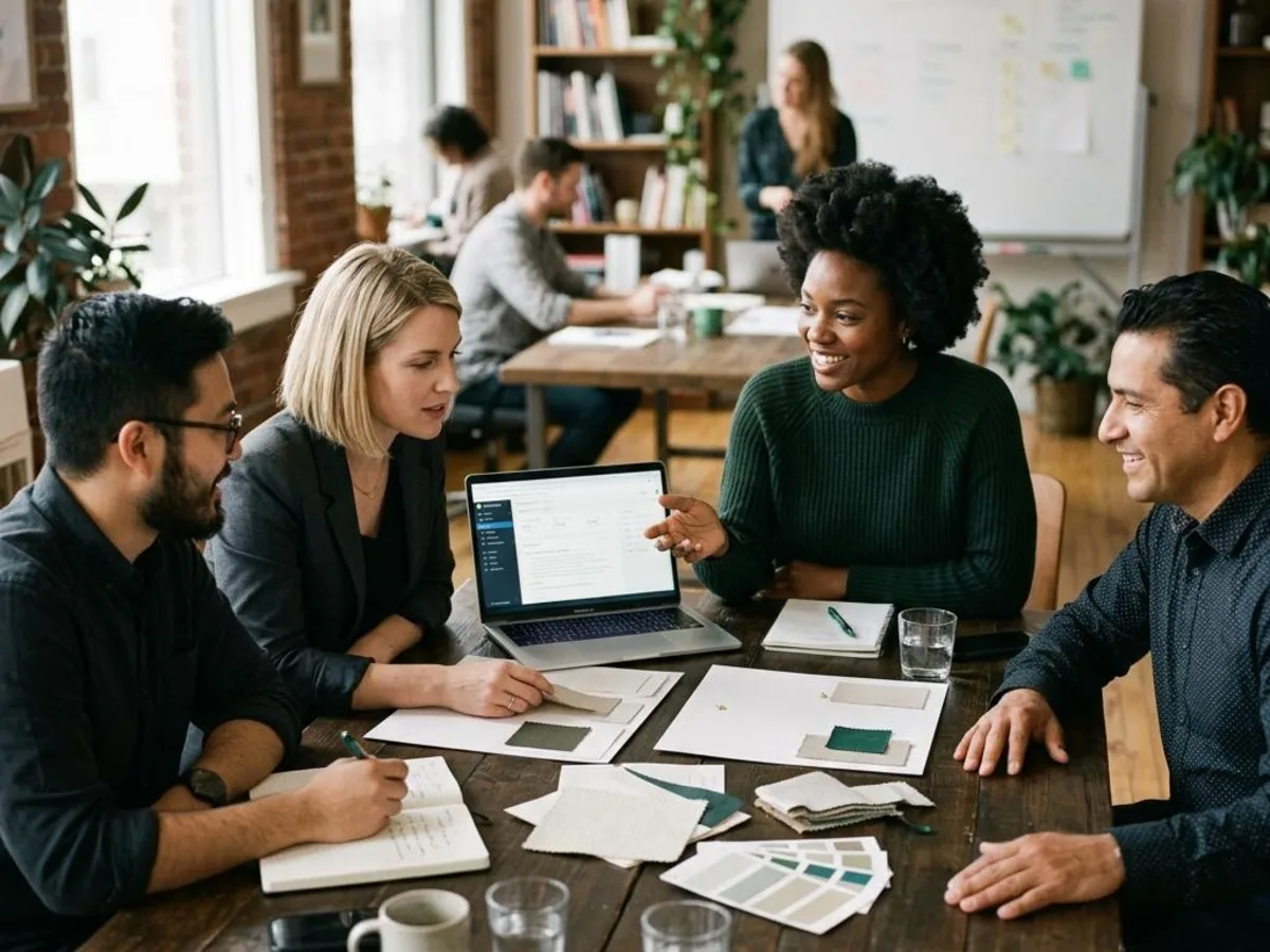 Marketing agency team collaborating around a campaign planning table