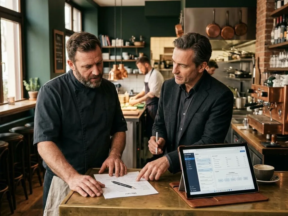 Restaurant owner and chef planning at a bistro counter