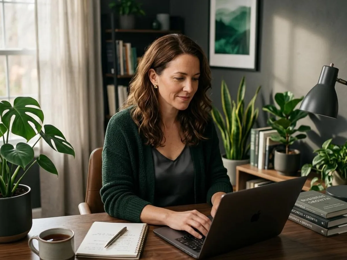 Solo entrepreneur working at a laptop in a green-accented studio