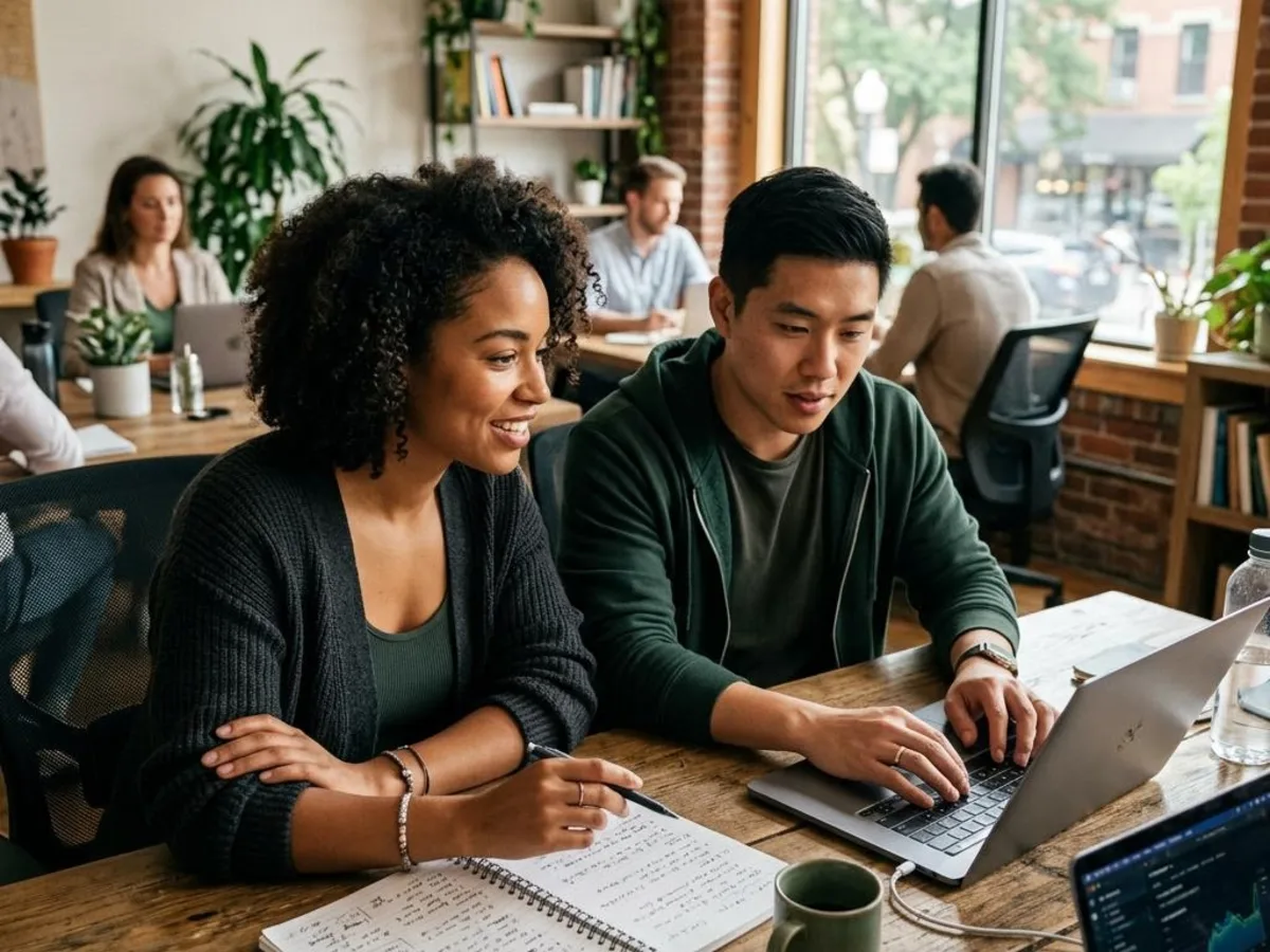 Startup founders collaborating at a laptop in a modern workspace